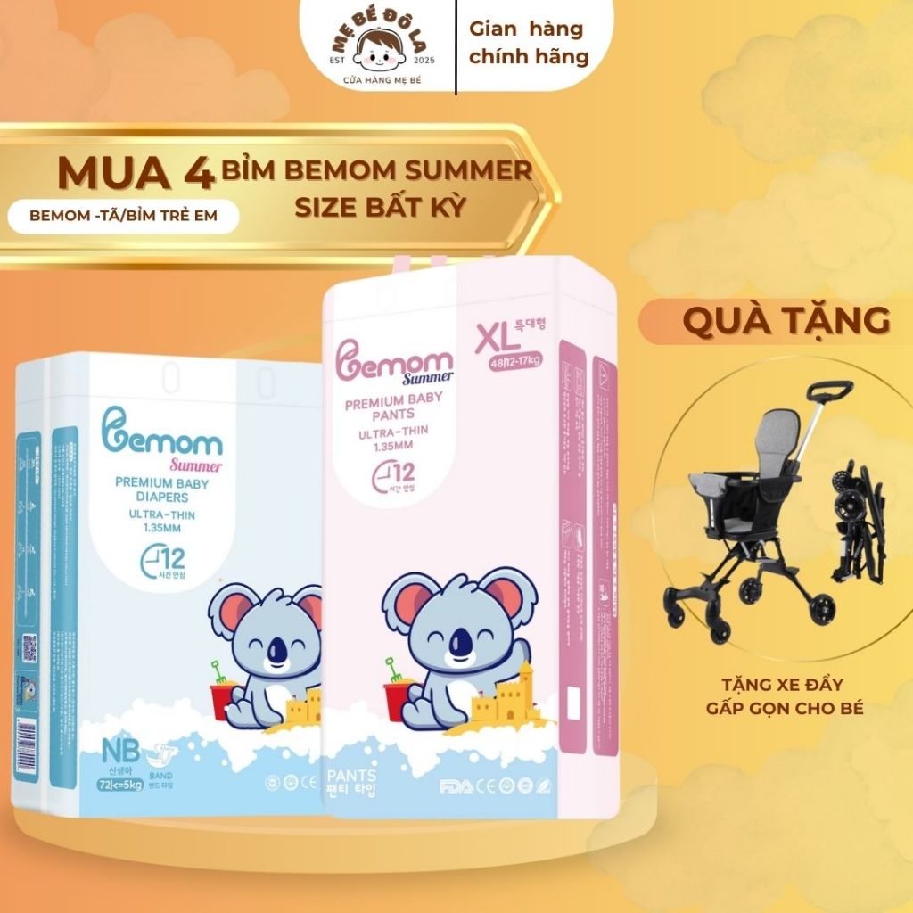 4 Bịch Tã Bỉm Bemom Summer - Tặng Xe Đẩy Gấp Gọn Cho Bé - Tã Dán Quần Bemom Summer Full Size NB-XXXL