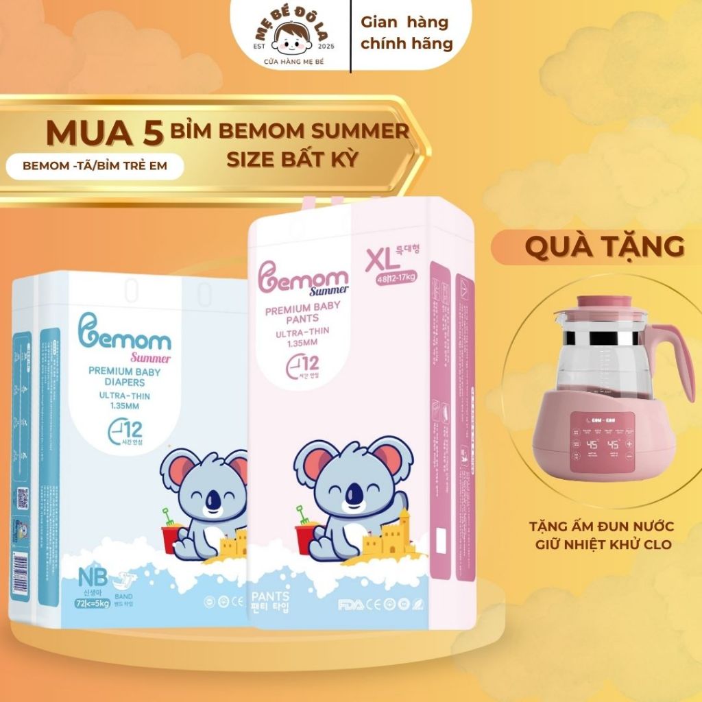 5 Bịch Tã Bỉm Bemom Summer - Tặng Ấm Đun Nước Giữ Nhiệt Khửu Clo - Tã Dán Quần Bemom Summer Full Siz