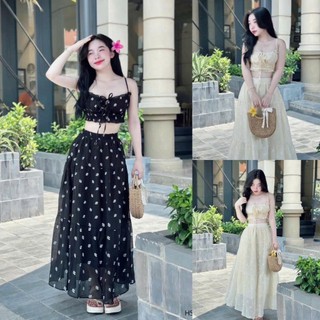 Đầm váy hoa đi biển - Sét váy nữ, váy rời áo 2 dây cúp ngực hở lưng đan dây trước ngực phối chân váy maxi tơ hoa 2 lớp
