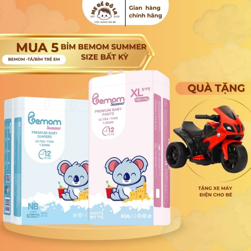 5 Bịch Tã Bỉm Bemom Summer - Tặng Xe Máy Điện Cho Bé - Tã Dán Quần Bemom Summer Full Size NB-XXXL