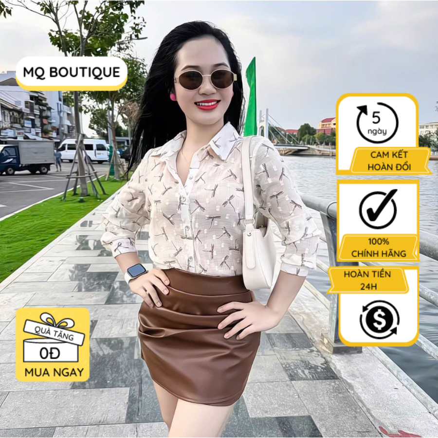 Áo Tơ Nhũ Mềm Hoạ Tiết Chuồn Chuồn Nâu Mi Nữ Dài Tay Thiết Kế MQ Boutique Cao Cấp Công Sở Họa Tiết N