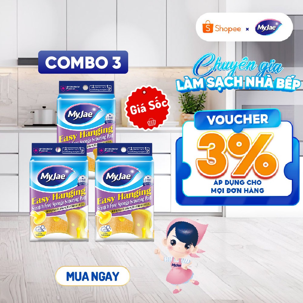 [2 miếng/1 gói] Combo 3 gói bọt biển rửa chén bát mút xốp MyJae đa năng kèm miếng nhựa hít kê