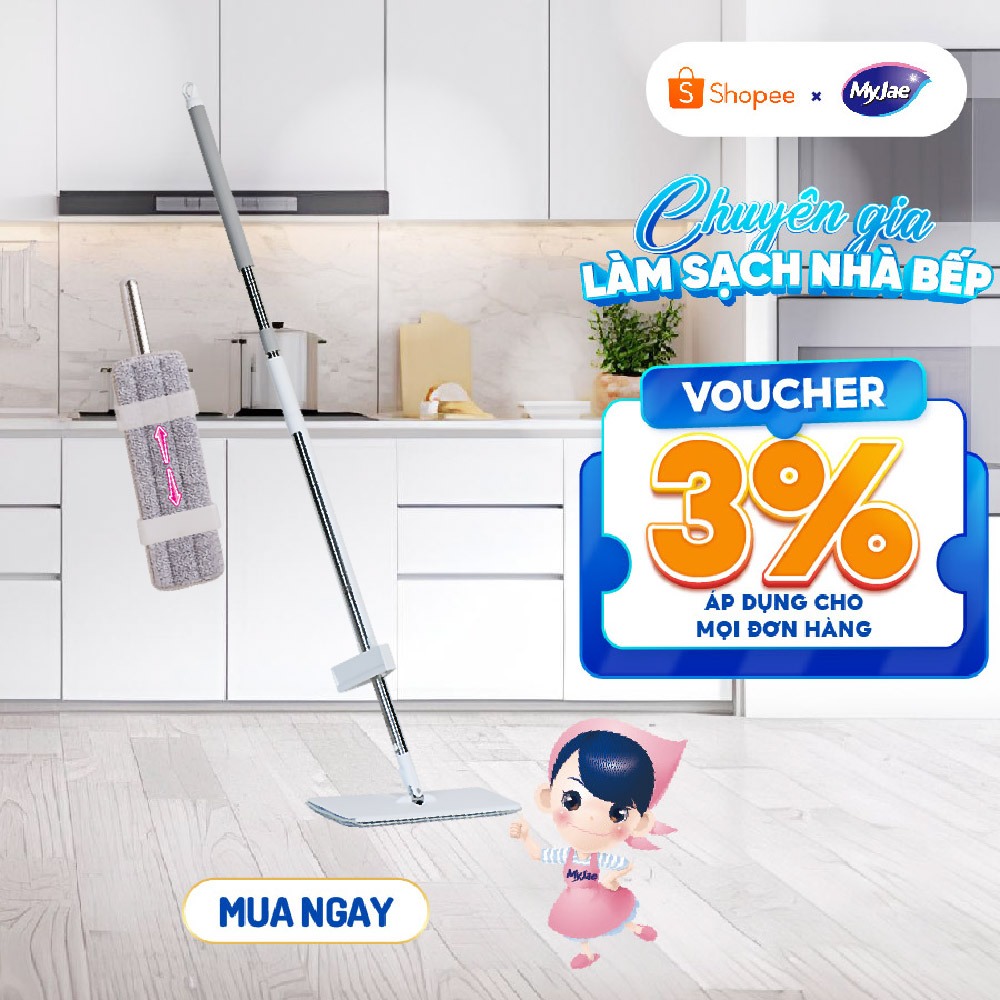 Cây Lau Nhà 125cm MyJae Đài Loan Sợi Polyester Kéo Vắt Thông Minh 360 Độ