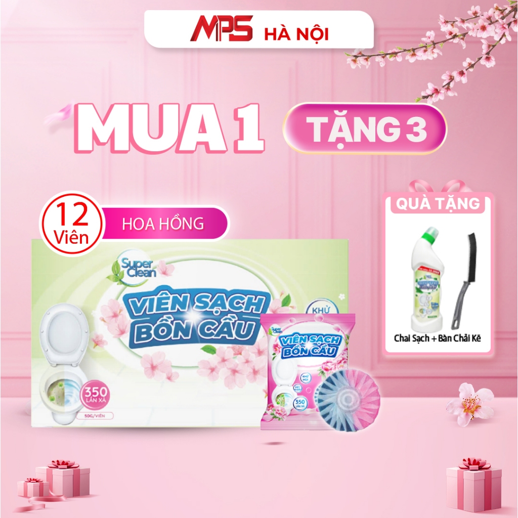 Combo 12 Viên Sạch Bồn Cầu Hoa Hồng Super Clean Tặng 1 Chai Tẩy Bồn Cầu Super Clean Với Hương Thơm T