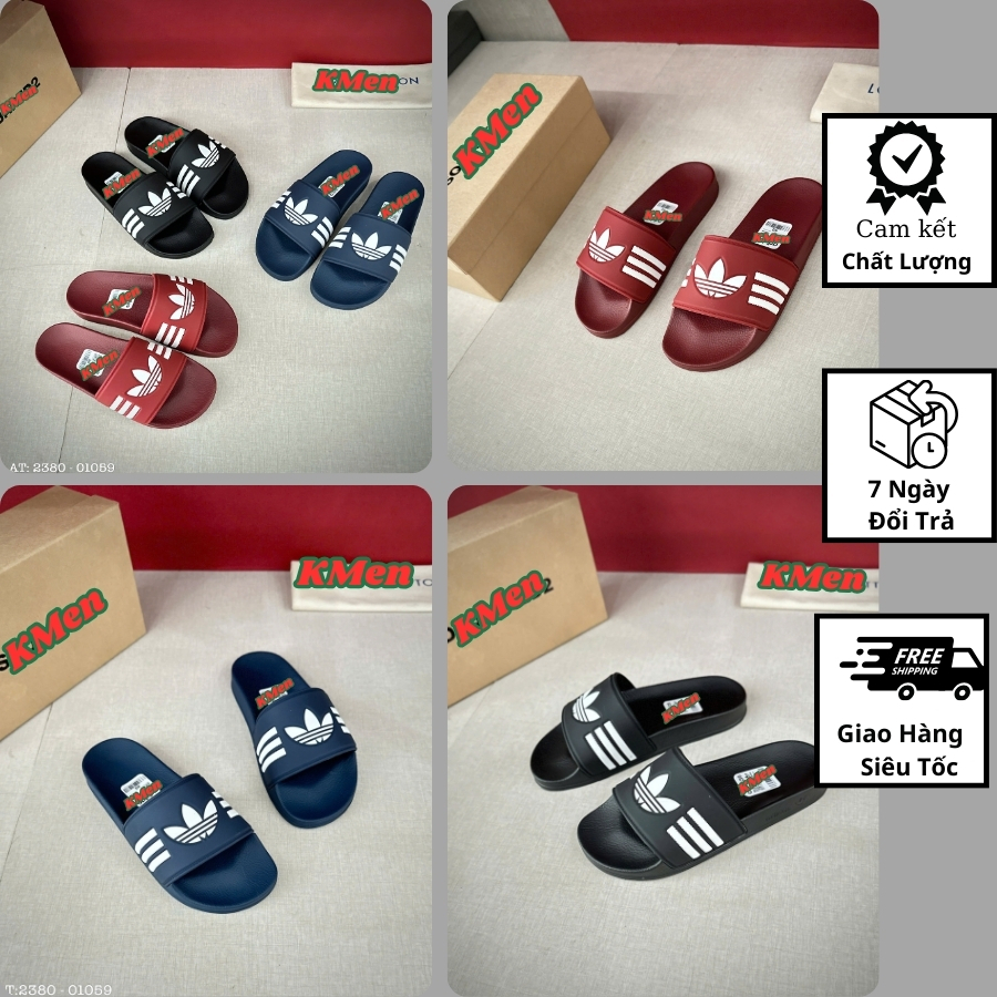 Dép Quai Ngang ADIDAS 3 Sọc Trắng Đen Nam Nữ Đế Cao Su Đúc