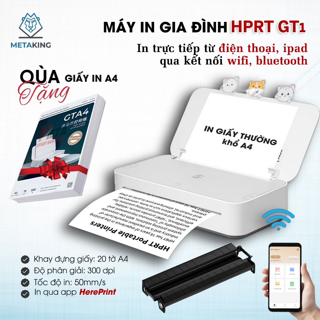 Máy in A4 Gia Đình HPRT GT1 - In Giấy Thường, Không Cần Mực Kết Nối Bluetooth/WiFi - TẶNG 1 XẤP GIẤY
