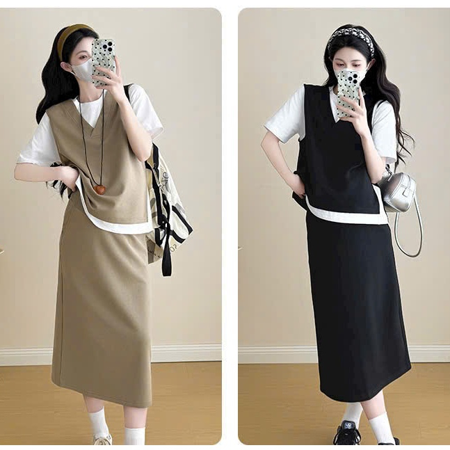 Set đồ bầu - Áo cộc tay gile liền kèm Chân Váy dài chất Cotton tổ ong - B198