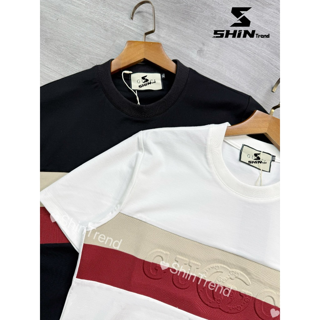 Áo thun nam nữ form ôm body SHIN TREND cotton lạnh cao cấp, áo phông phối sọc ngực dập nổi GG