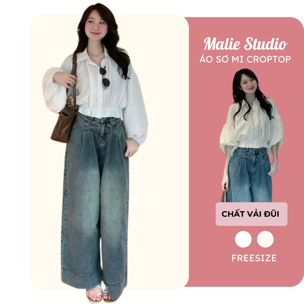 Áo Sơ Mi Nữ Dáng Croptop Tay Bồng Chun Dưới Chất Đũi Vân Mây Siêu Mát Malie Studio-MSM034