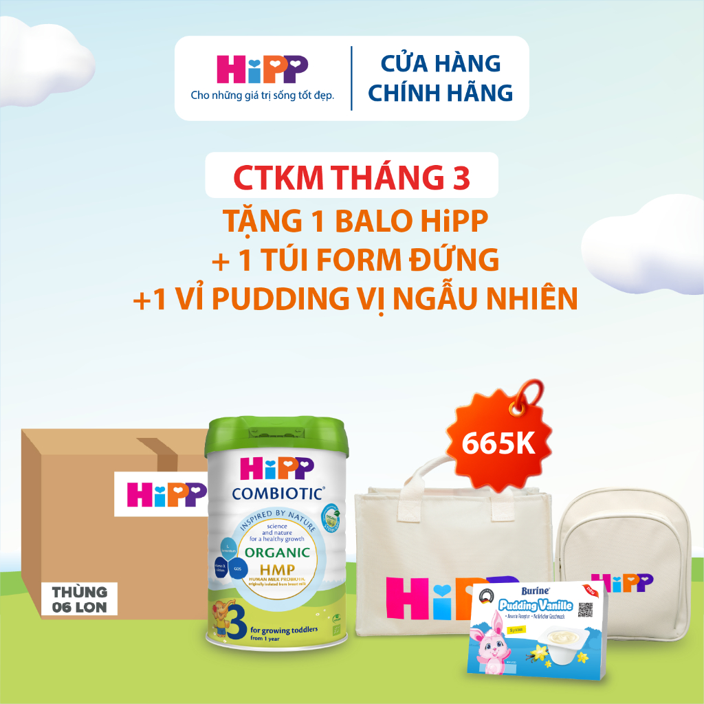 (Tặng TUIVAIHIPP.00_BALOVAIHIPP_Pudding Burine) Thùng 6 lon Sữa bột công thức HiPP 3 Organic Combiot