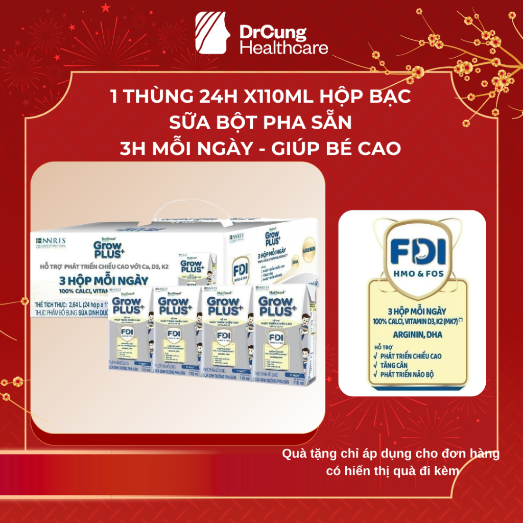 1 Thùng 24 Hộp 110ml Sữa Dinh Dưỡng Nutifood GrowPLUS+ (Bạc) Cao Lớn Vượt Trội Hộp (24 hộp  x 110ml)
