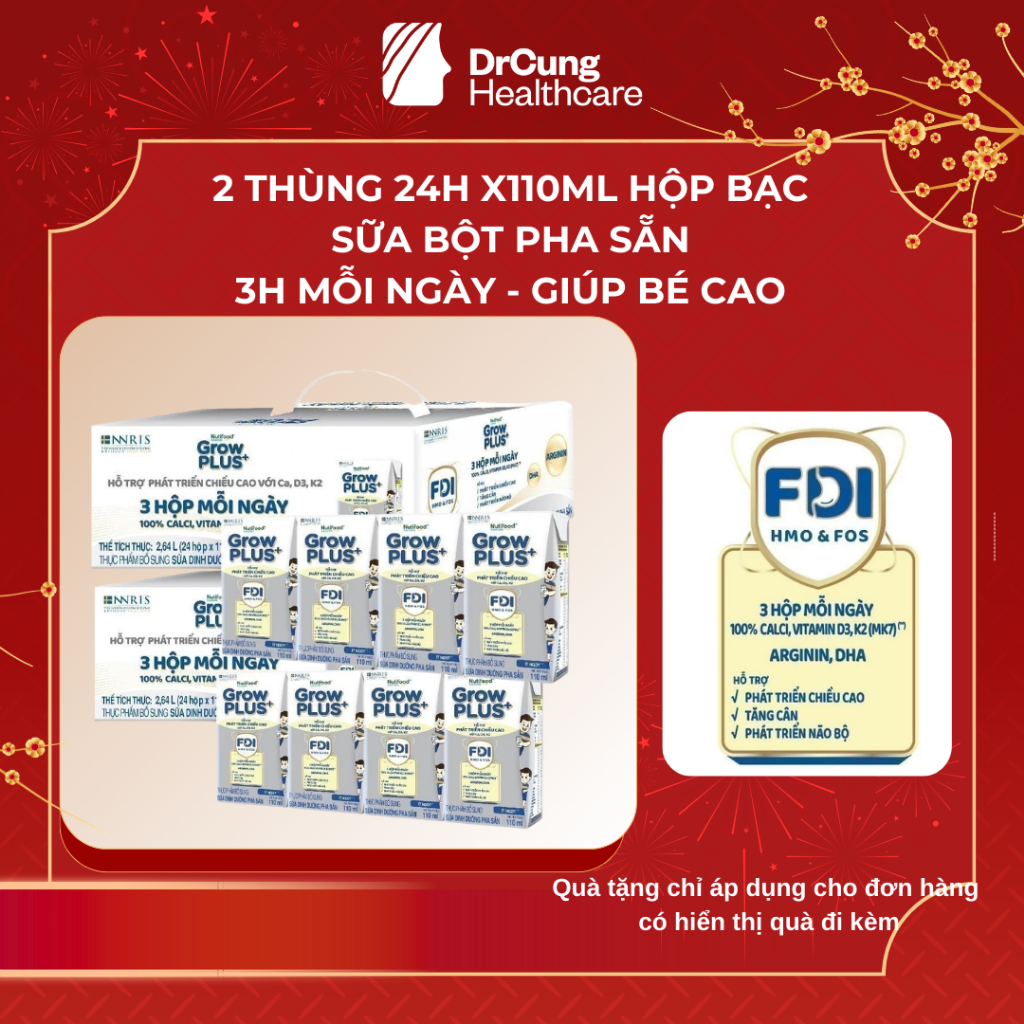 2 Thùng GROW BẠC 24 Hộp 110ml Sữa Dinh Dưỡng Nutifood GrowPLUS+ Cao Lớn Vượt Trội Hộp (Tổng 48 hộp  x 110ml)