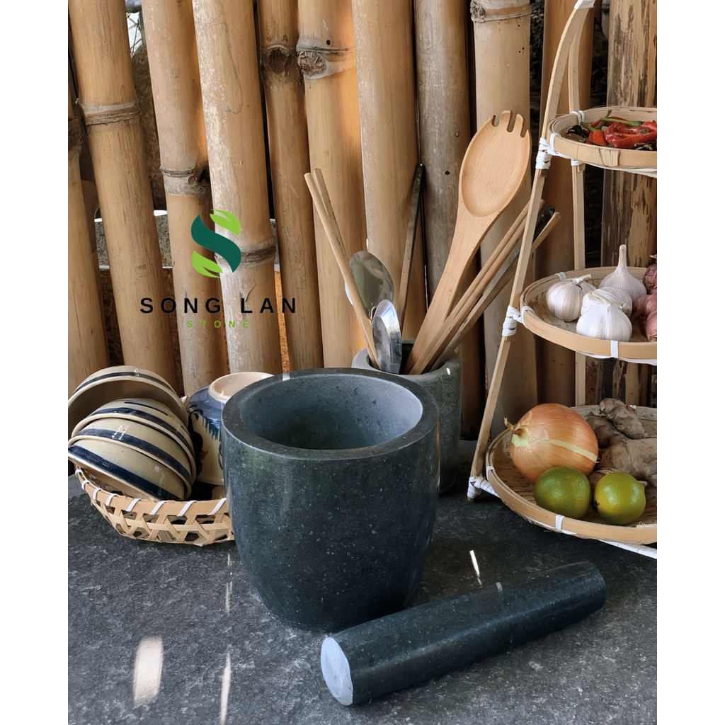 Bộ cối chày đá xanh nguyên khối đánh bóng mẫu cao