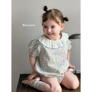 Jennybebe2026| Suit hoa nhí cổ sen viền xanh vintage bé gái 6-14kg