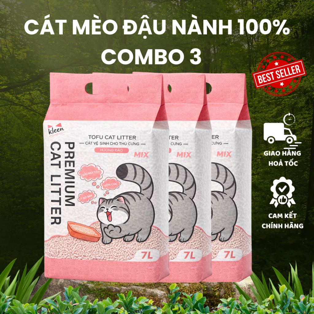 Combo 3 túi Cát Mèo Đậu Nành Organic Kleen Cat, Cát Vệ Sinh Mèo Tofu Tự Nhiên Tan Trong Nước