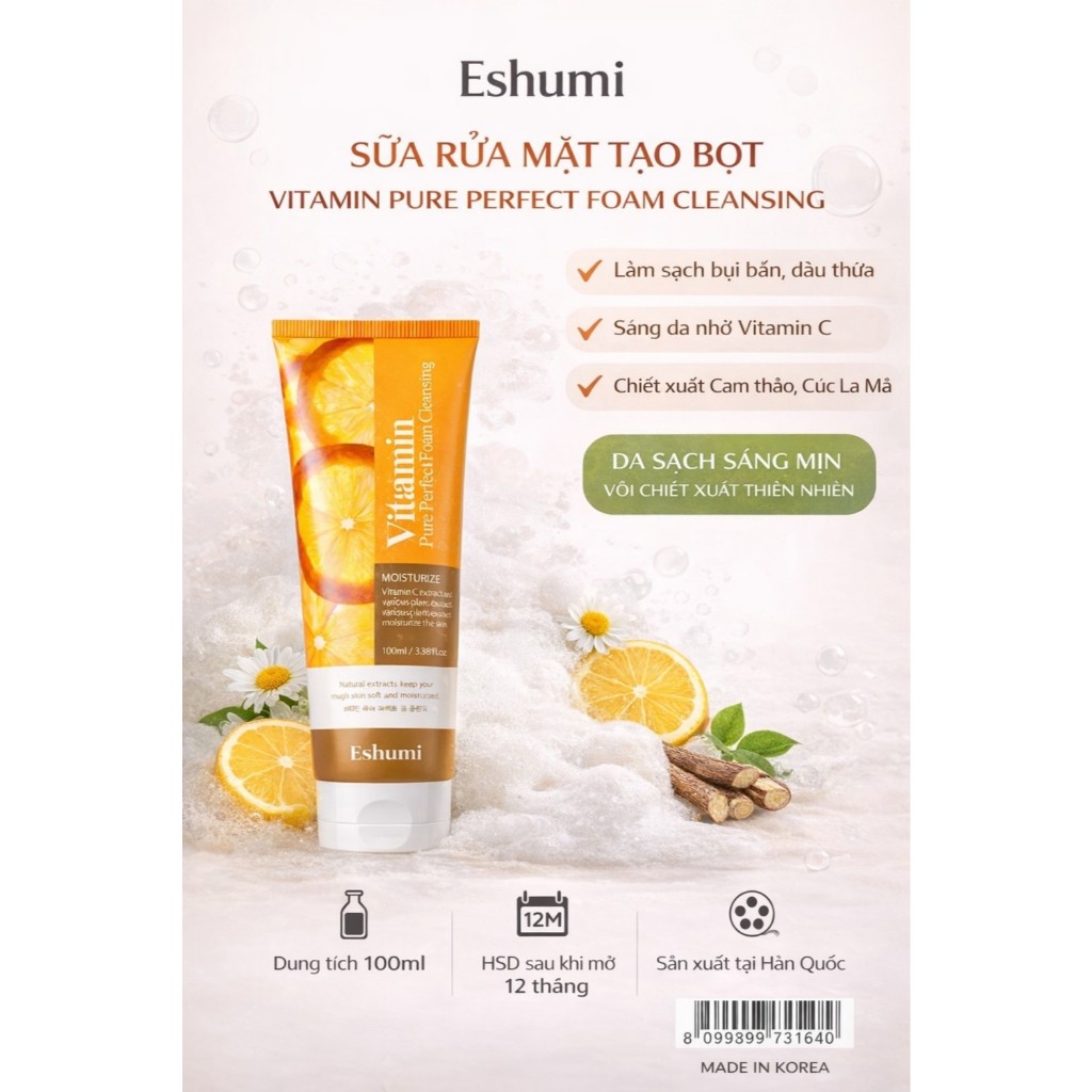 Sữa rửa mặt dưỡng chất Vitamin C tạo bọt ESHUMI -100ml ESHUMI VITAMIN FURE PERFECT FOAM CLEANSING
