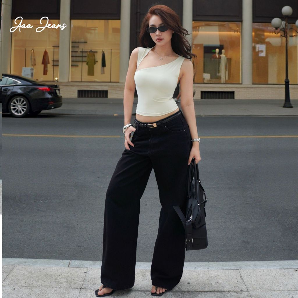 Aaa Jeans - Quần jeans nữ màu đen ống suông lưng thấp