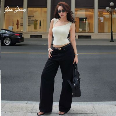 Aaa Jeans - Quần Bò Đen Nữ Ống Suông Lưng Thấp Cá Tính