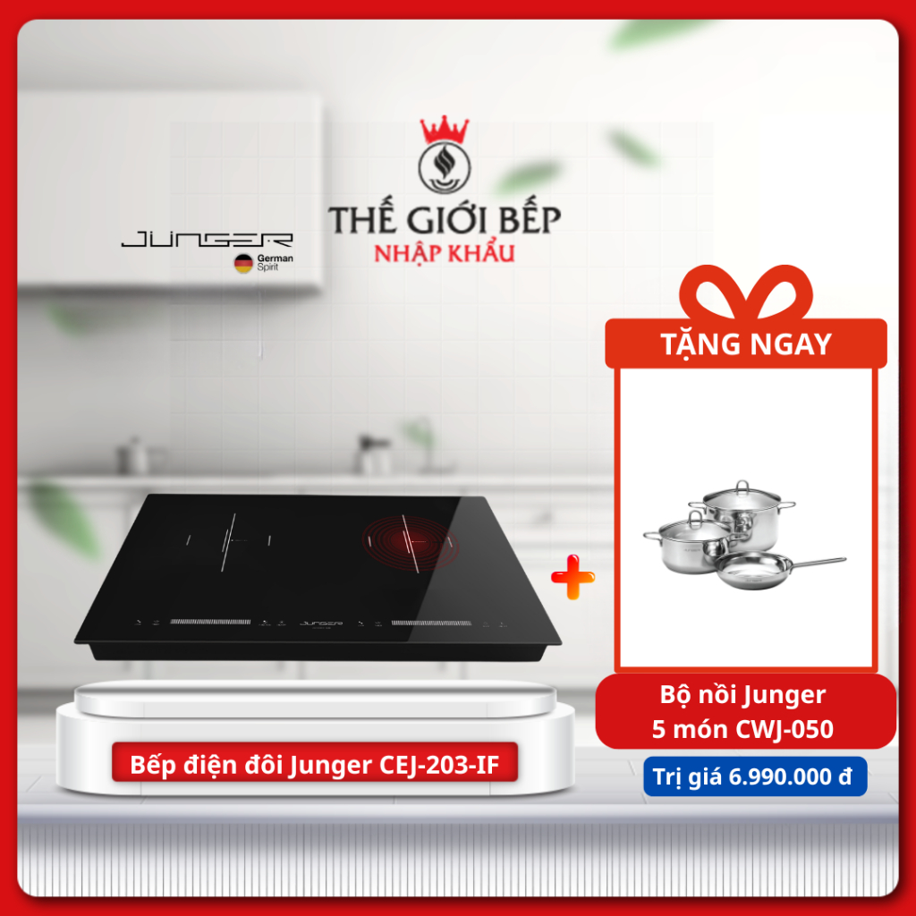 [TẶNG NỒI] BẾP ĐIỆN ĐÔI JUNGER CEJ-203-IF – Hiệu Suất Cao Tặng Bộ nồi inox 5 chi tiết Junger CWJ-050