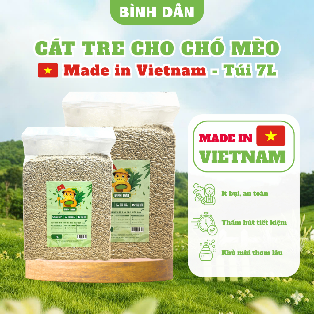 Cát vệ sinh cho chó mèo Bình Dân từ tre Việt Nam tự nhiên tiết kiệm, ít bụi, khử mùi, vón ổn (7L)