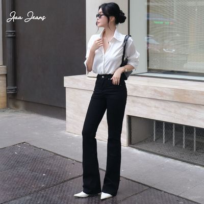 Aaa Jeans - Quần Bò Nữ Ống Loe Cạp Cao Màu Đen Vải Denim Cao Cấp