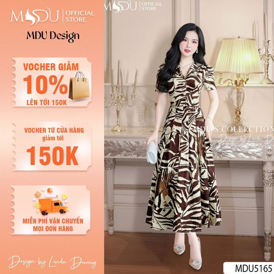 Váy thiết kế công sở lụa mango cao cấp dáng xòe cổ vest thanh lịch MDU5165 | MDU Design