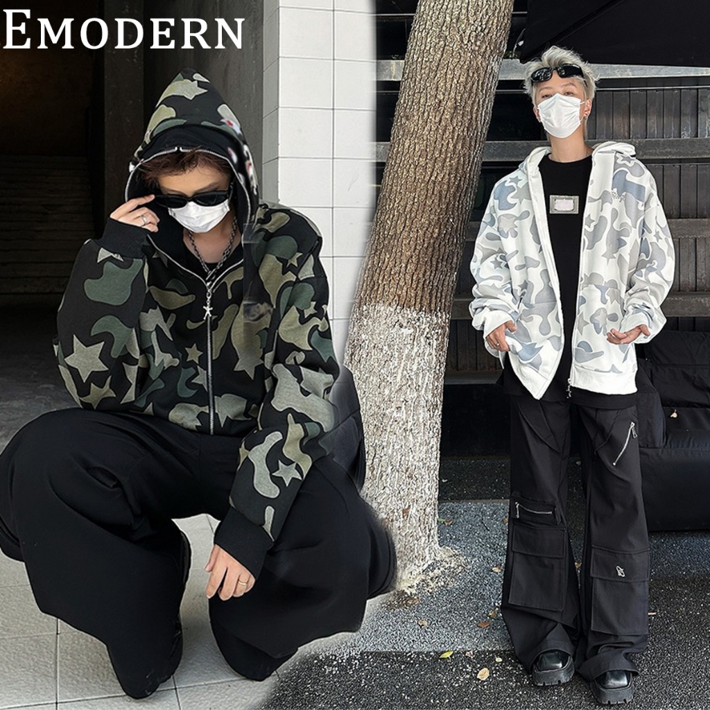 Oversized Double - Có mũ trùm đầu Camo Zip +Áo hoodie cho nam và nữ +Thời trang dạo phố thông thường