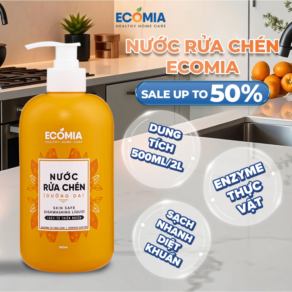 Nước Rửa Chén Sinh Học Ecomia 500ml – Enzyme Cam Tự Nhiên, Làm Sạch Nhanh, An Toàn