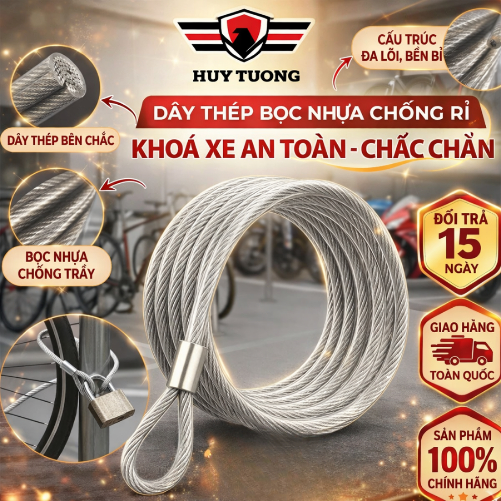Dây cáp khoá xe máy bọc nhựa Huy Tưởng, cáp khóa xe 1m/2m/3m/4m/5m/6m/7m/8m/9m/10m 10 ly cực kỳ chắn chắn