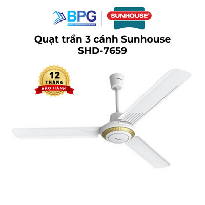 Quạt trần Sunhouse 3 cánh SHD-7659, Viền vàng, Công suất 75W, Sải cánh 1,4 mét, 5 cấp gió