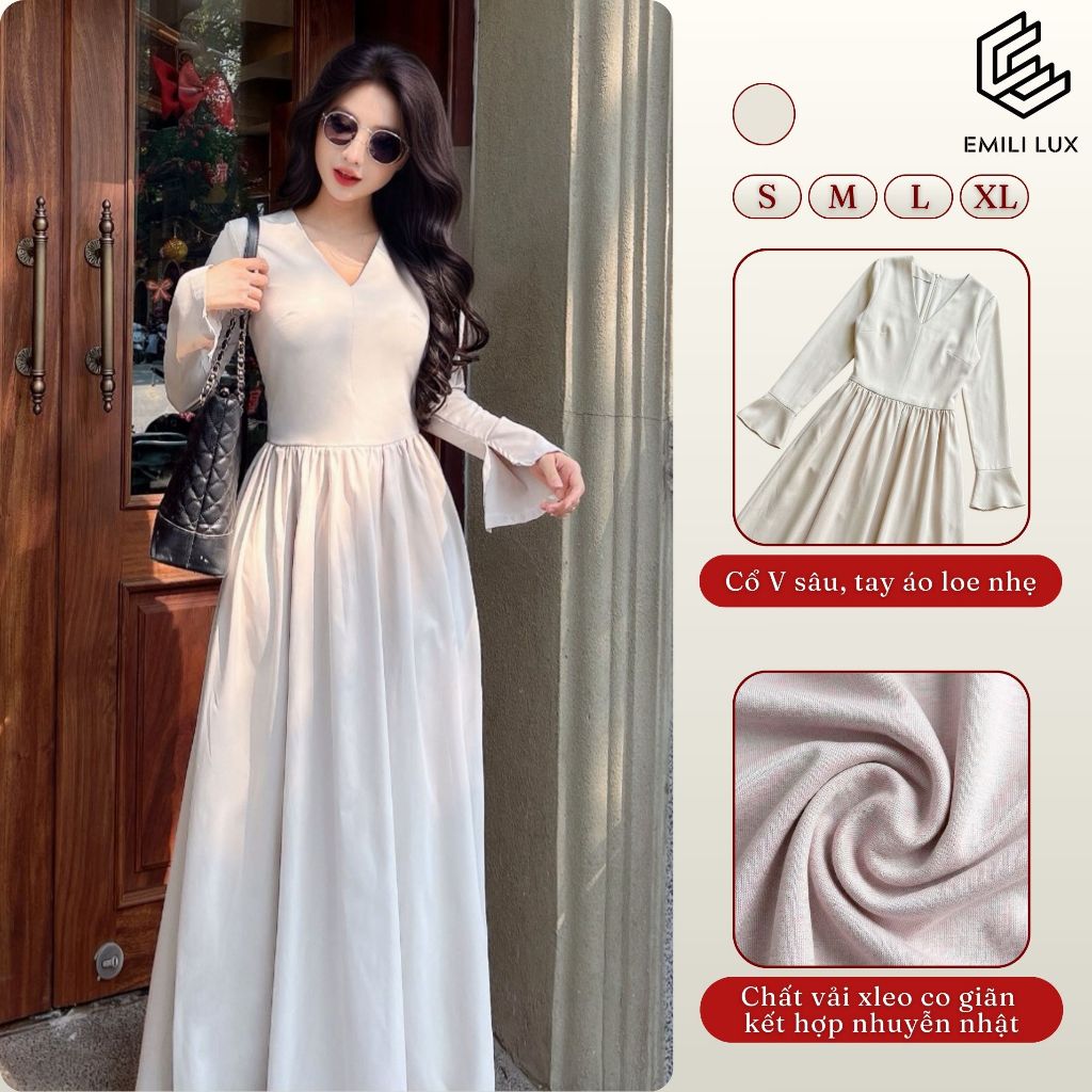 đầm maxi dáng dài có tay EMILI DESIGN đầm tay dài cổ v đi chơi sang trọng [V375]