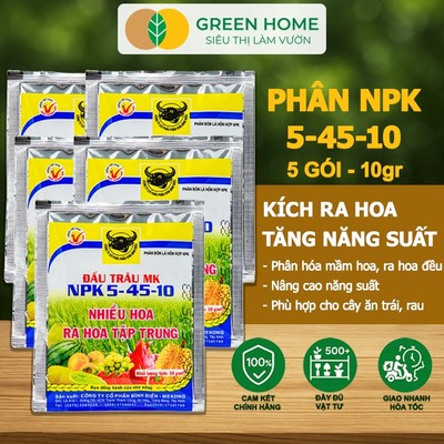 5 Gói Phân Bón NPK 5-45-10 GreenHome, Đầu Trâu, Gói 10Gr, Phân Bón Kích Ra Hoa, Đậu Trái