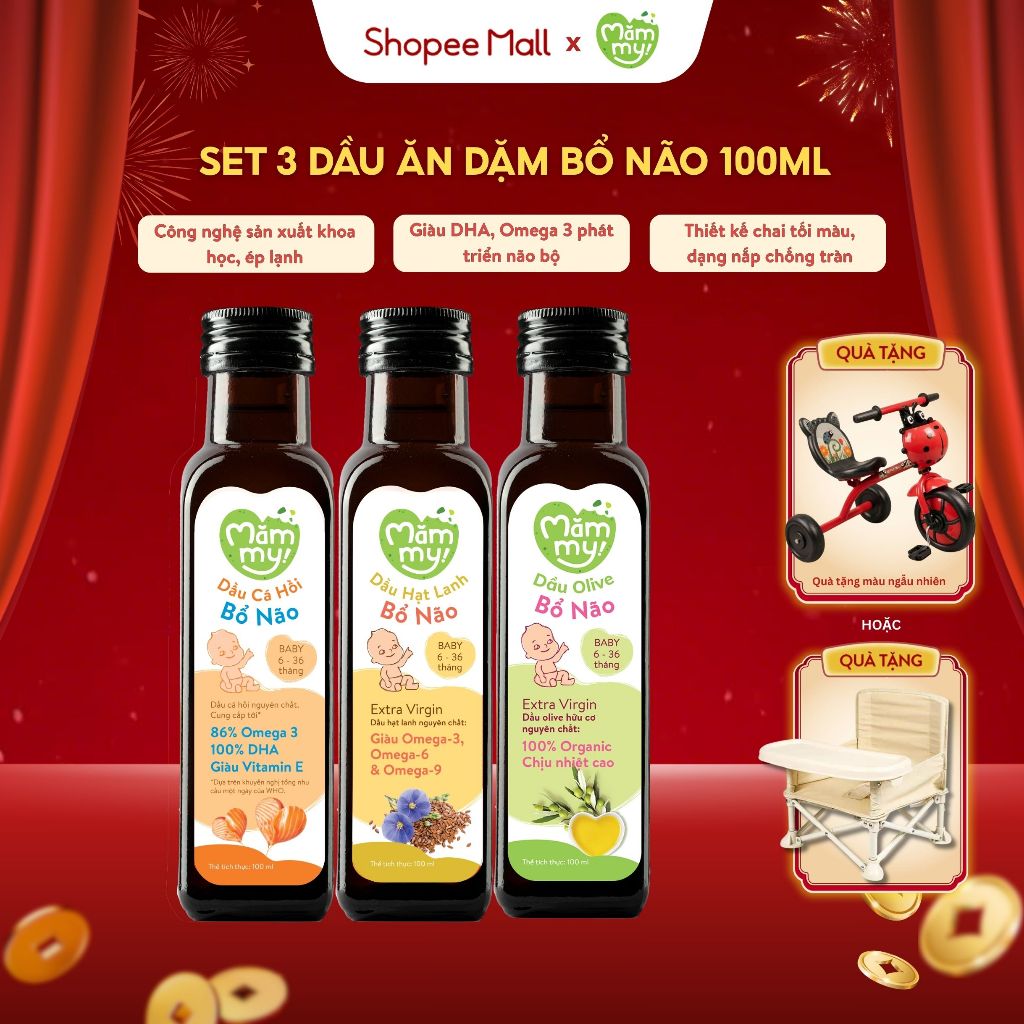 Dầu ăn dặm cho bé Mămmy cá hồi, hạt lanh, olive, óc chó, gấc bổ sung DHA, Omega-3 bé 6th, chai 100ml