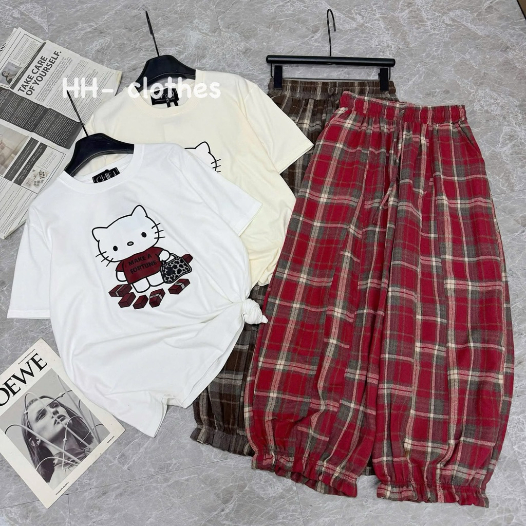 set helo kitty quần kẻ
