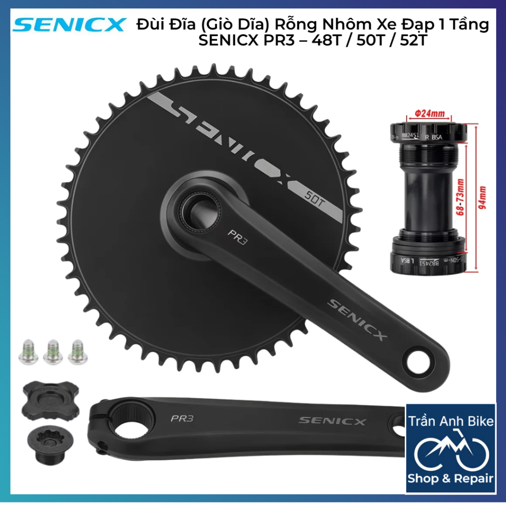 Đùi Đĩa (Giò Dĩa) Rỗng Nhôm Xe Đạp 1 Tầng SENICX PR3 – 48T / 50T / 52T, Fixed Gear / Single Speed / 