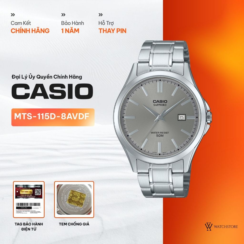 Đồng Hồ Casio Nam MTS-115D-8AVDF Màu Xám Xi Măng Kính Sapphire 41.3mm Kháng Nước Dây Kim Loại Không 