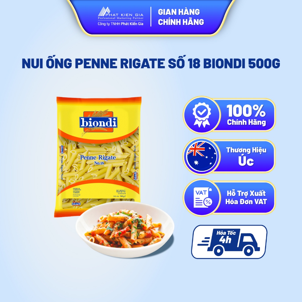 Nui Ống Penne Rigate Số 18 Biondi 500g - Thương Hiệu Úc, SX Thái Lan | Biondi Penne Rigate No.18 500