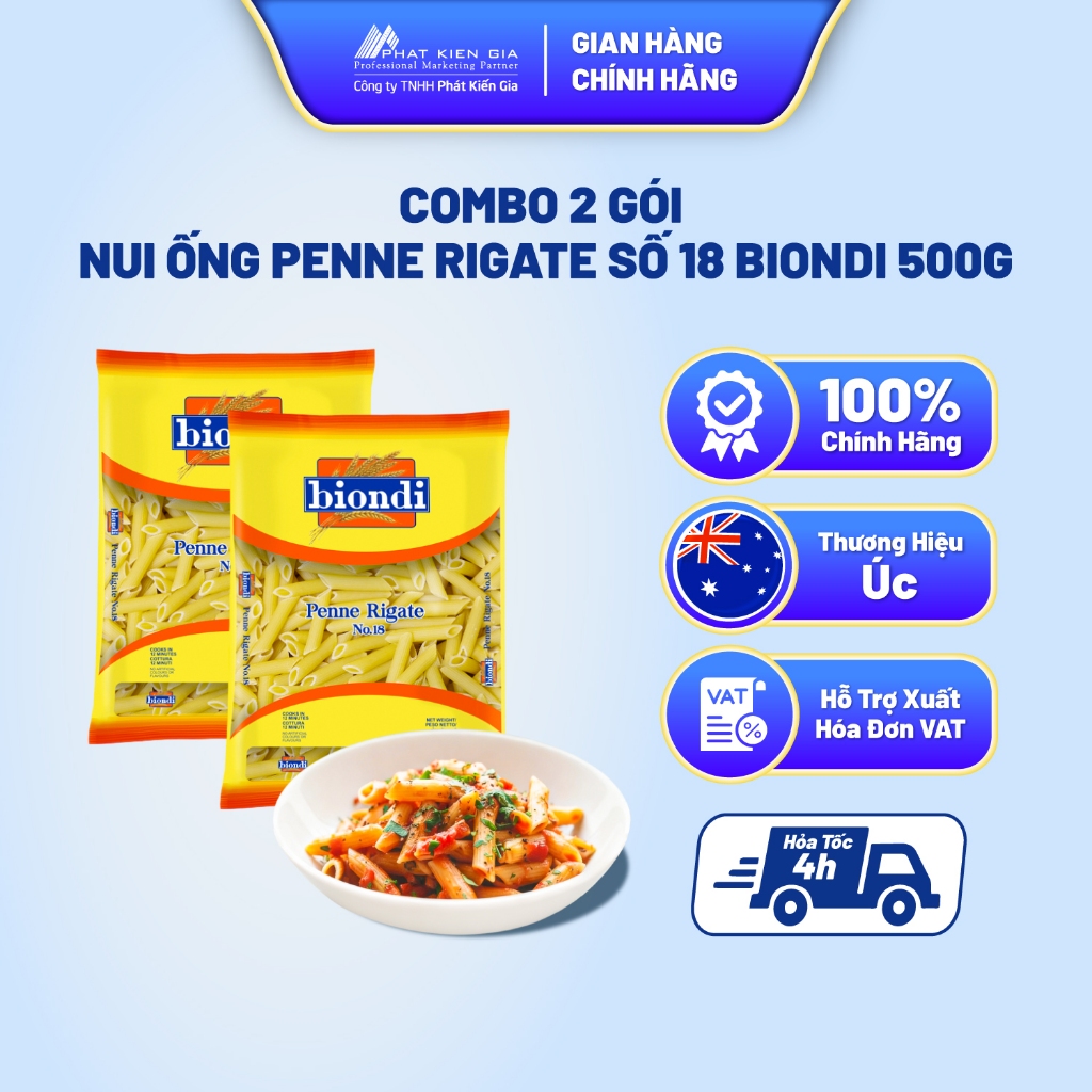 COMBO 2 Gói Nui Ống Penne Rigate Số 18 Biondi 500g | Biondi Penne Rigate No.18 500g