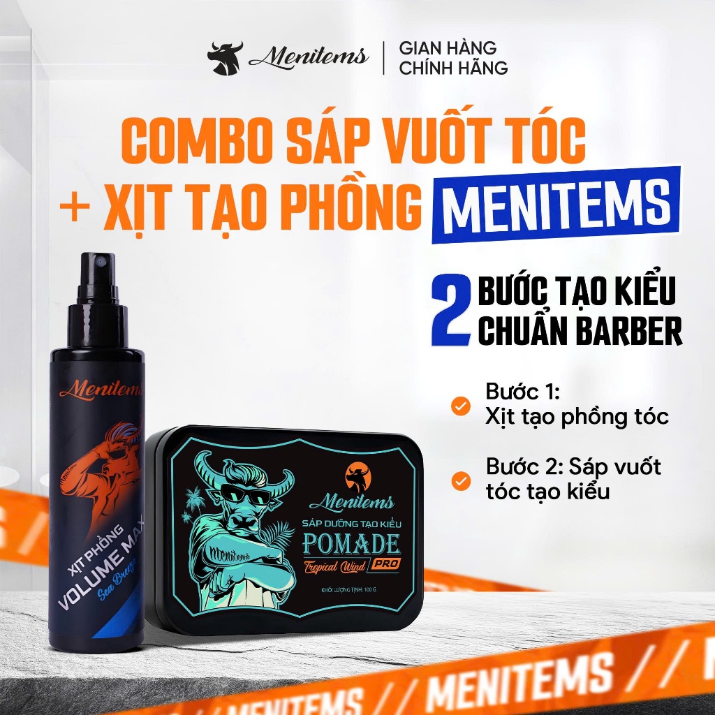 Combo Sáp vuốt tóc Menitems, sáp dưỡng tạo kiểu và Xịt tạo phồng tóc giữ nếp tóc lâu dài, tạo kiểu tự nhiên