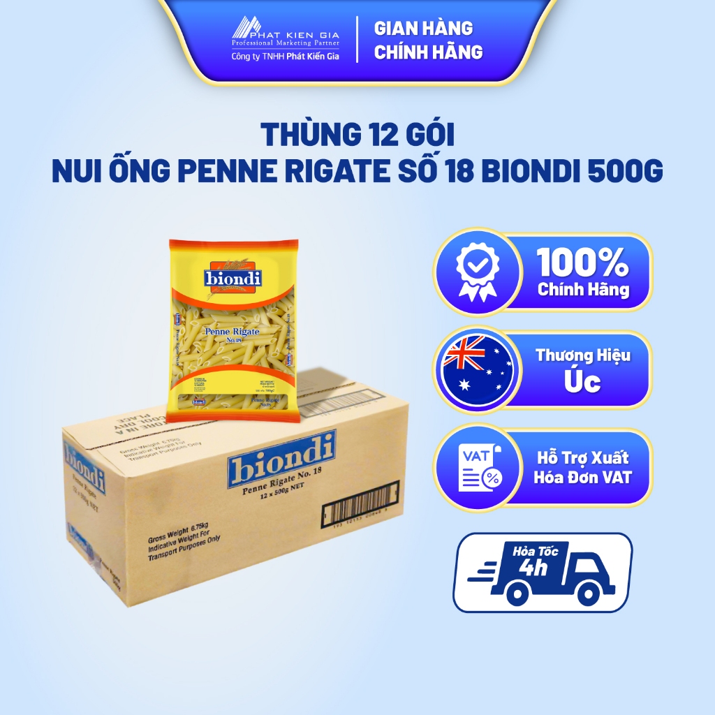 Thùng 12 Gói Nui Ống Penne Rigate Số 18 Biondi 500g | Biondi Penne Rigate No.18 500g