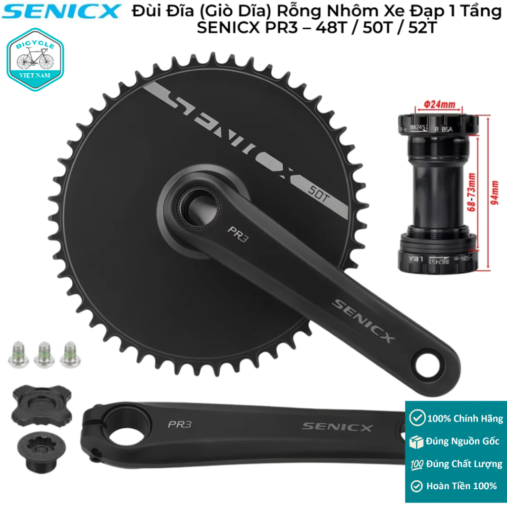 Đùi Đĩa (Giò Dĩa) Rỗng Nhôm Xe Đạp 1 Tầng SENICX PR3 – 48T / 50T / 52T, Fixed Gear / Single Speed / 