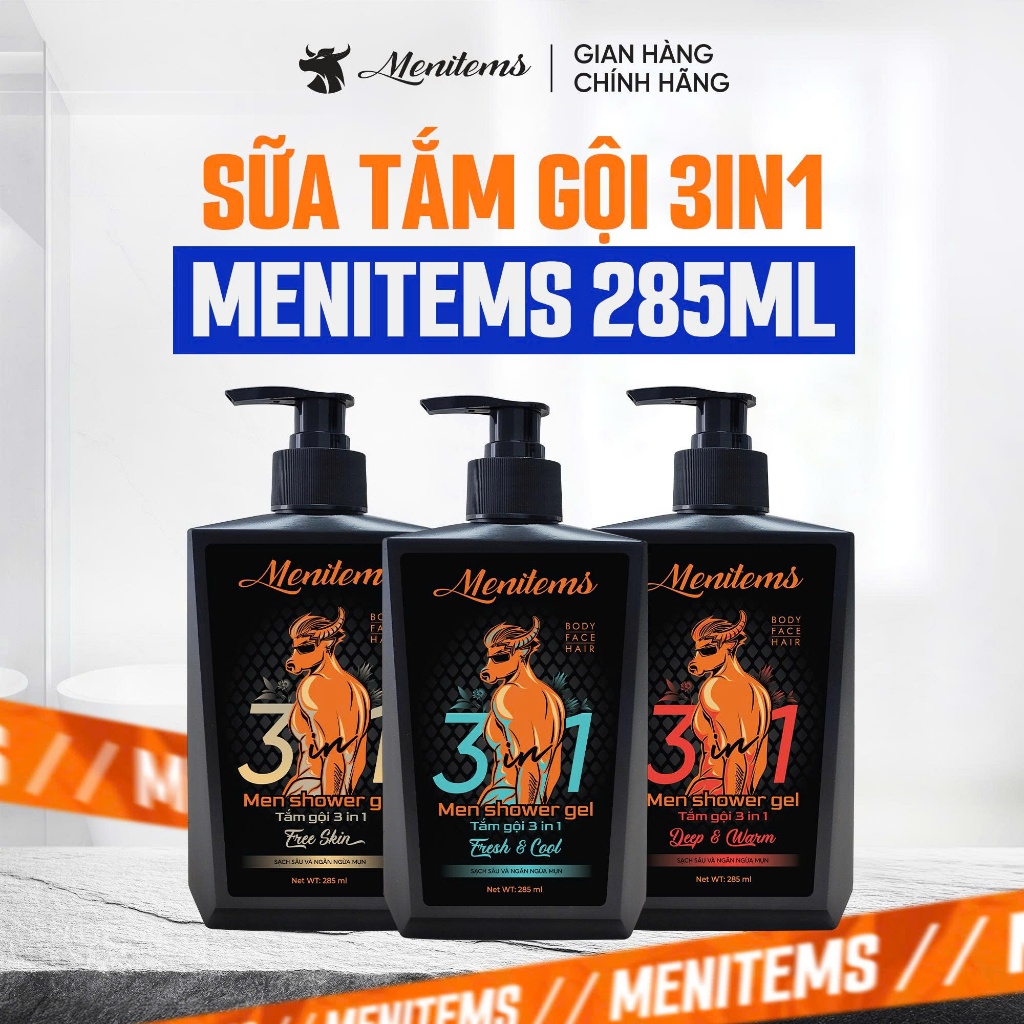 Sữa tắm gội 3in1 Menitems, hỗ trợ giảm mụn lưng, ngừa mụn, làm sạch sâu, lưu hương nước hoa 285 ml