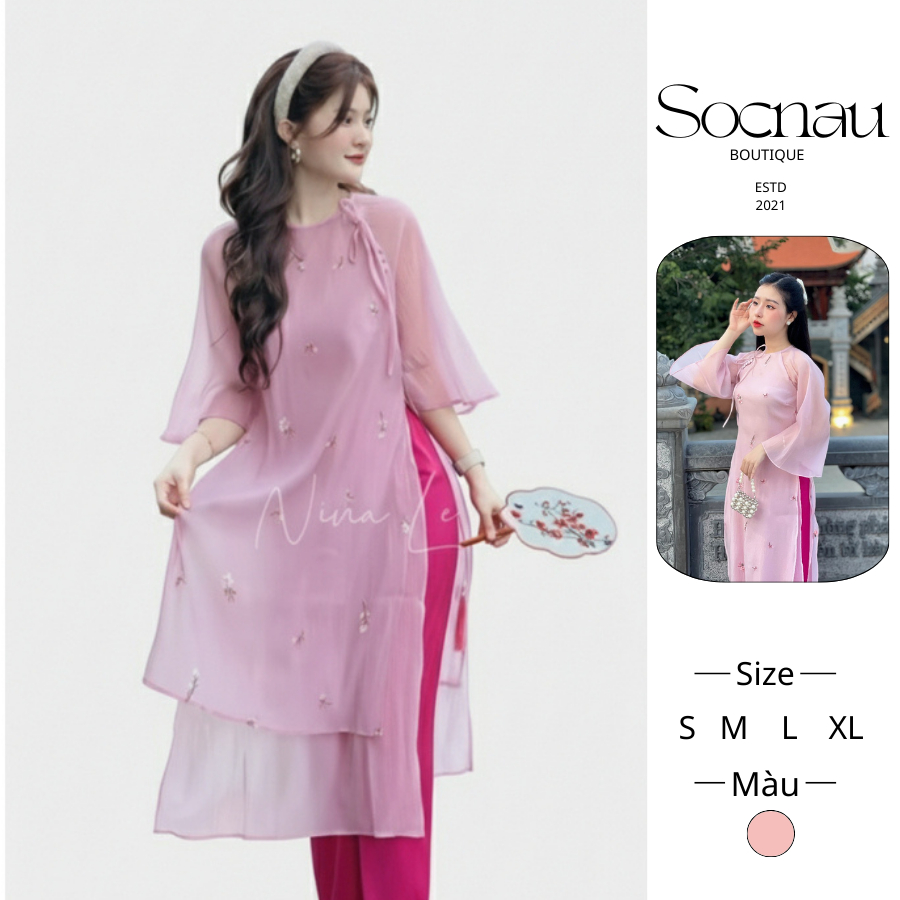 Set Áo Dài Cách Tân NV566 Thêu Hoa Ba Lớp Vải Voan Có Lớp Lót Lụa Concept Chụp Hình Trung Thu 2025