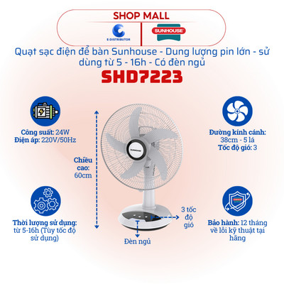 [HỎA TỐC] Quạt sạc để bàn Sunhouse SHD7223 - Công suất 24W - Có đèn ngủ - Bảo hành 12 tháng