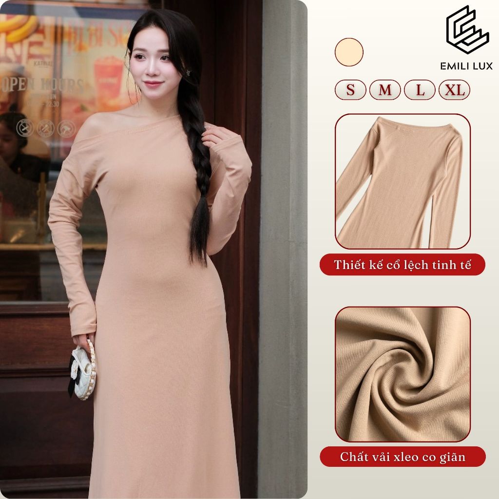 Đàm body tay dài tiểu thư EMILI Design lệch vai dáng dài đuôi cá màu be [V387]