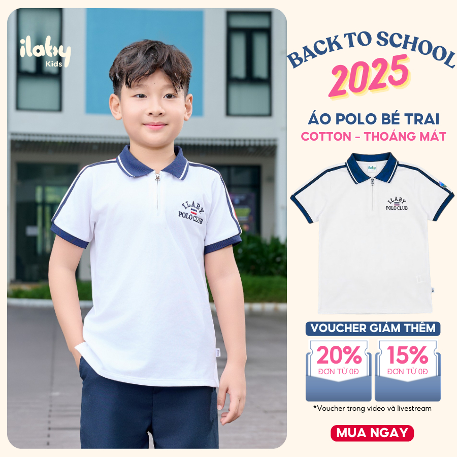 Áo polo ILABY bé trai tay ngắn phối sọc thể thao trắng navy năng động [3075]