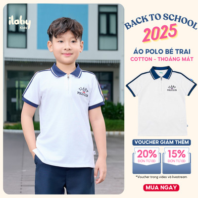 Áo polo ILABY bé trai tay ngắn phối sọc thể thao trắng navy năng động [3075]