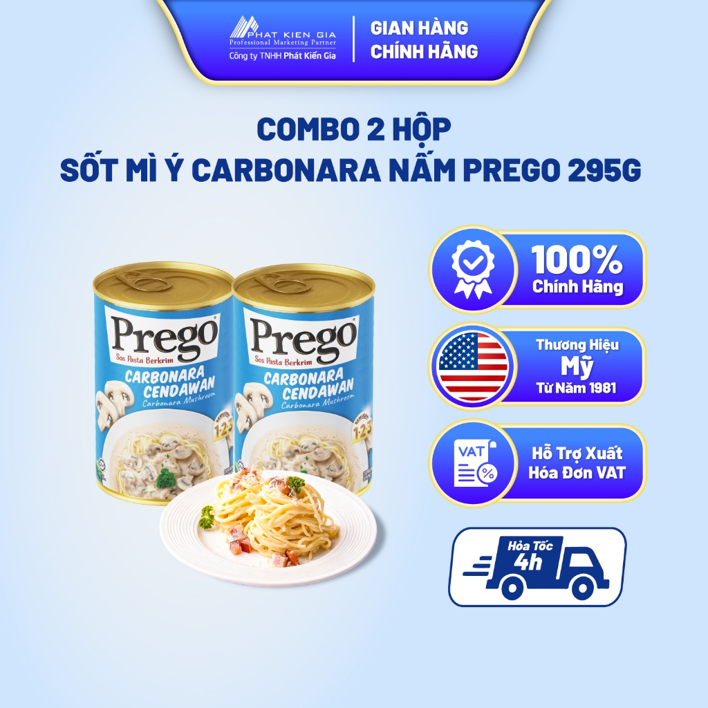 Combo 2 Hộp Sốt Mì Ý Carbonara Nấm Prego 295g - Thương Hiệu Mỹ, SX Malaysia