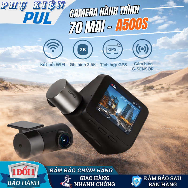 Camera Hành Trình 70mai A500S 2.7K Pro Plus+, GPS ADAS, Wifi, Camera Ô Tô Ghi Hình Trước Sau