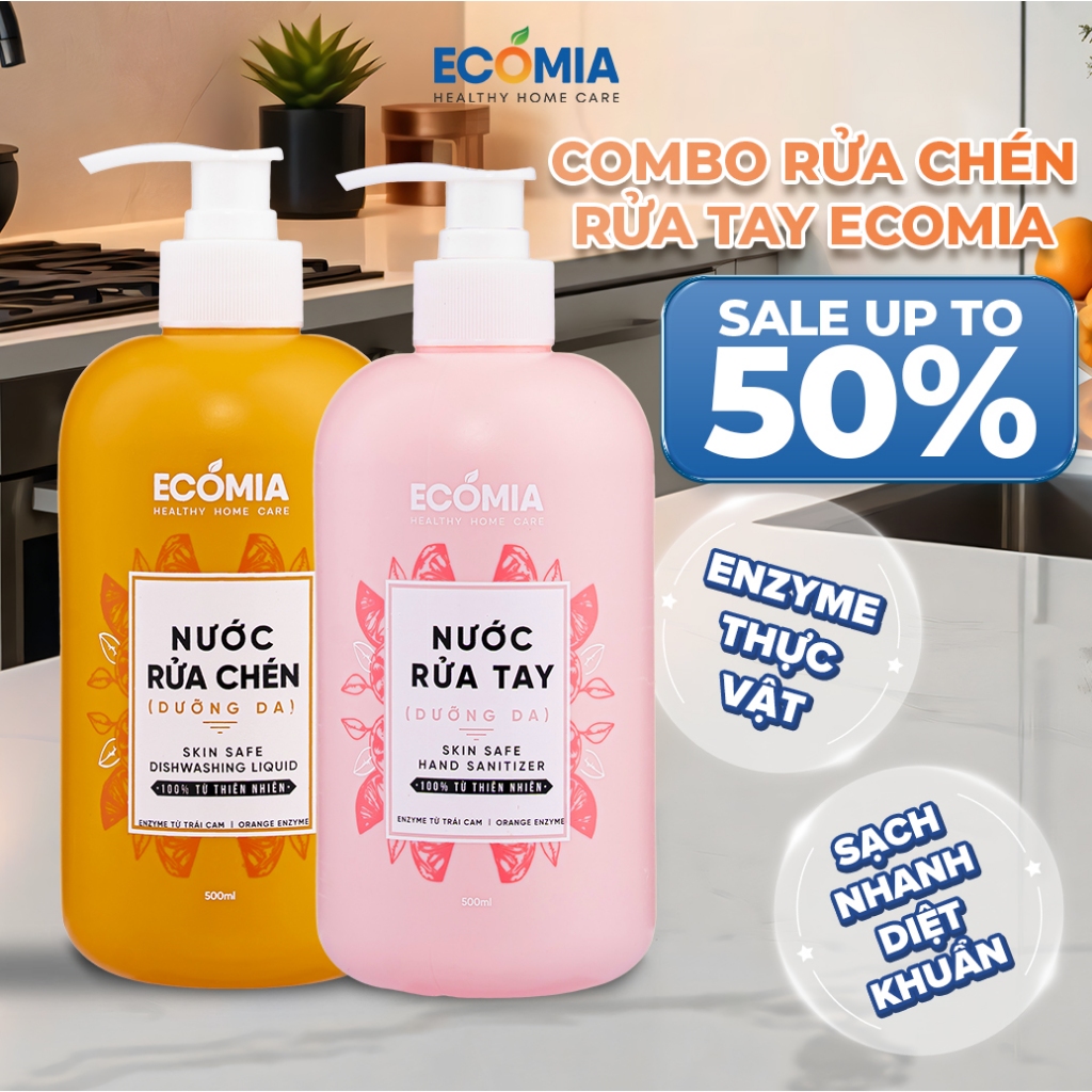 Combo Nước Rửa Chén + Nước Rửa Tay Sinh Học Enzyme Cam Ecomia – Sạch Dầu Mỡ, Dịu Nhẹ Da Tay